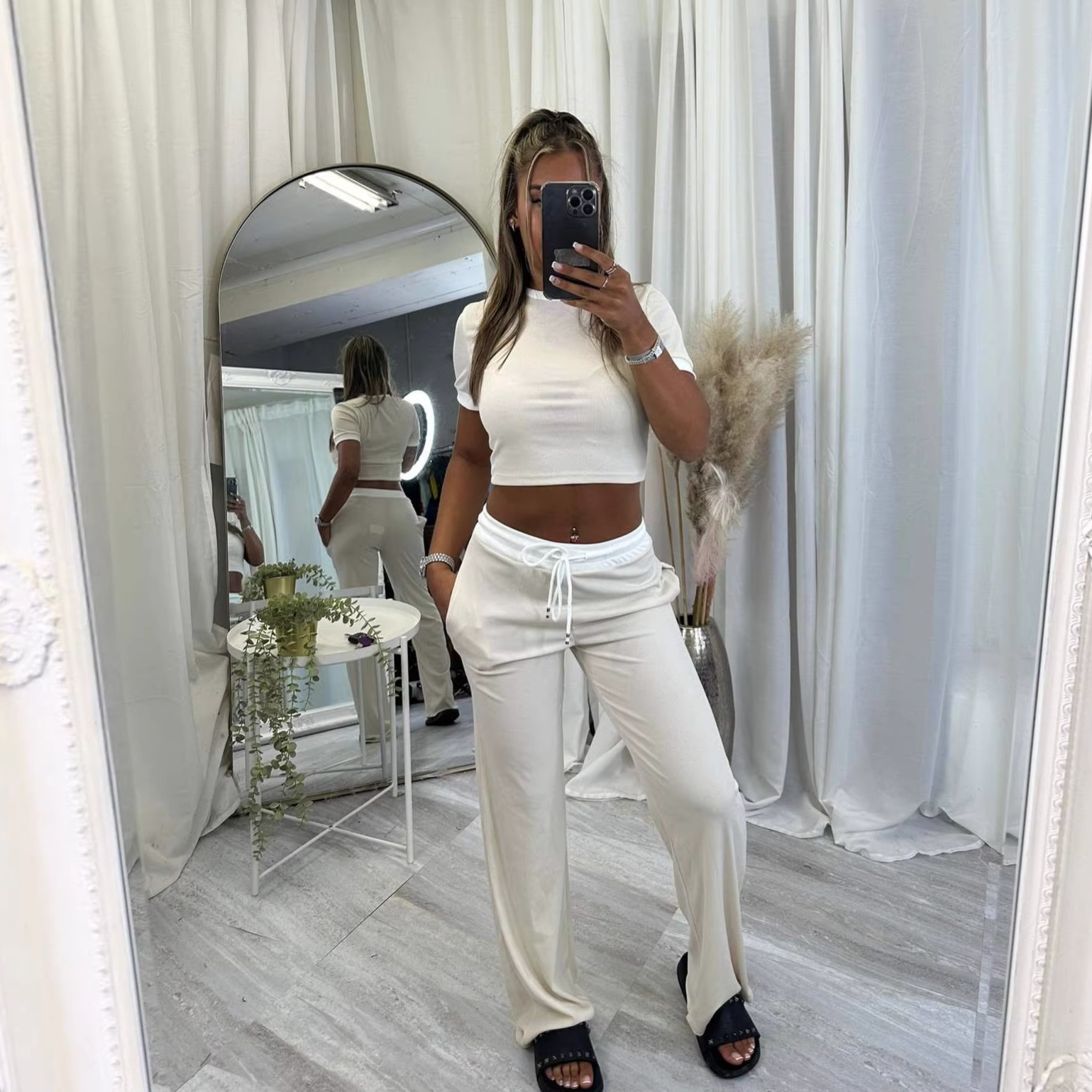 Women's Colorblock Short Sleeve Top and Drawstring Wide Leg Pants Set