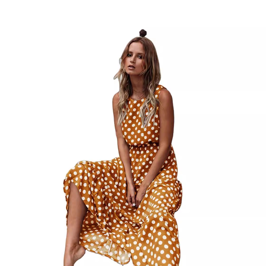 Sweet Polka Dot Sleeveless Midi Dress