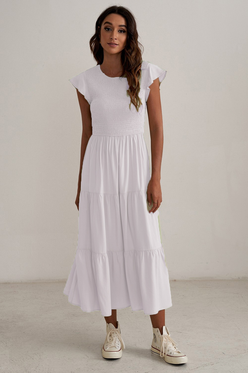 Women's Casual Literary Ruffle Midi Dress with Round Neck and Puff Sleeves