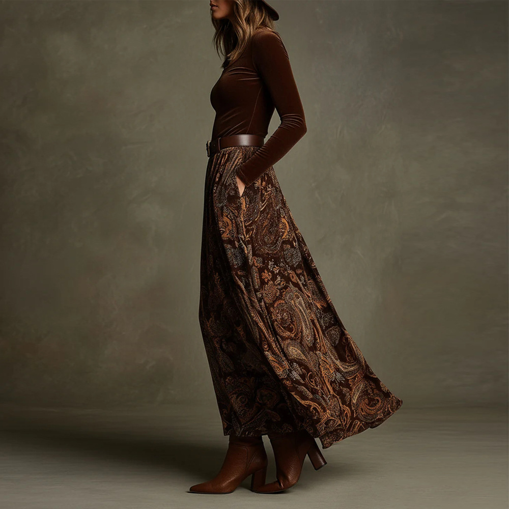 Women's Solid Color Slim Fit Floral Print Long Sleeve Maxi Dress