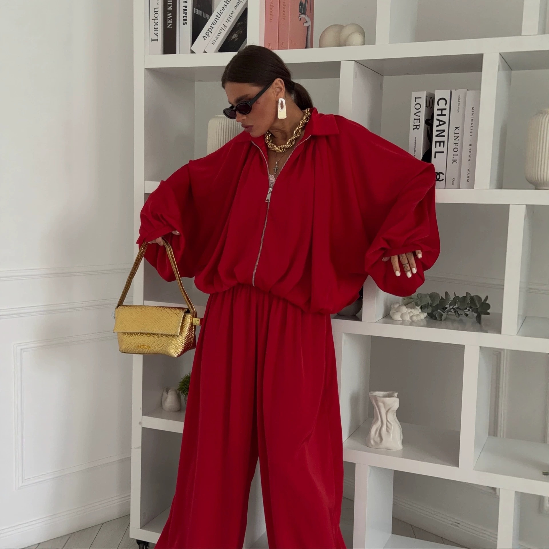 Acetate Satin Two-Piece Set with Collared Zip Top and Drawstring Jogger Pants