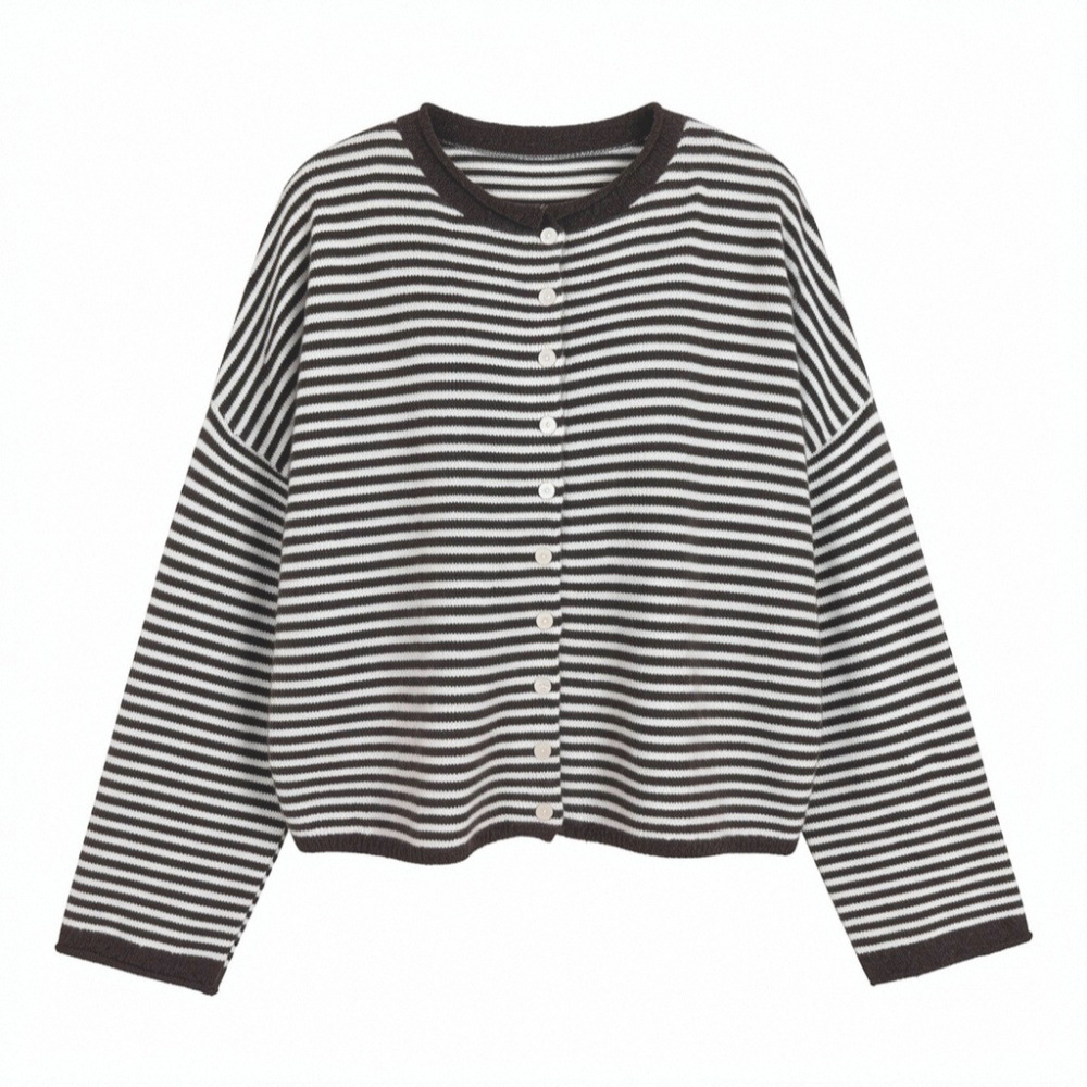 Striped Knit Cardigan Women's Loose Crew Neck Single-Breasted Long Sleeve Casual Outerwear
