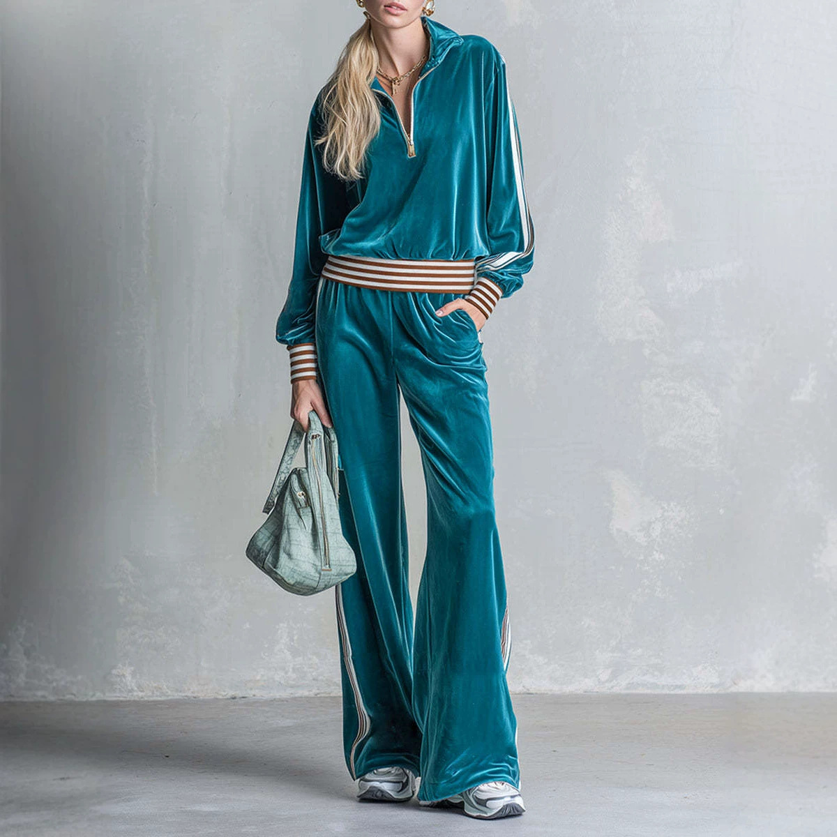 Velvet Side-Stripe Wide-Leg Drawstring Sweatpants