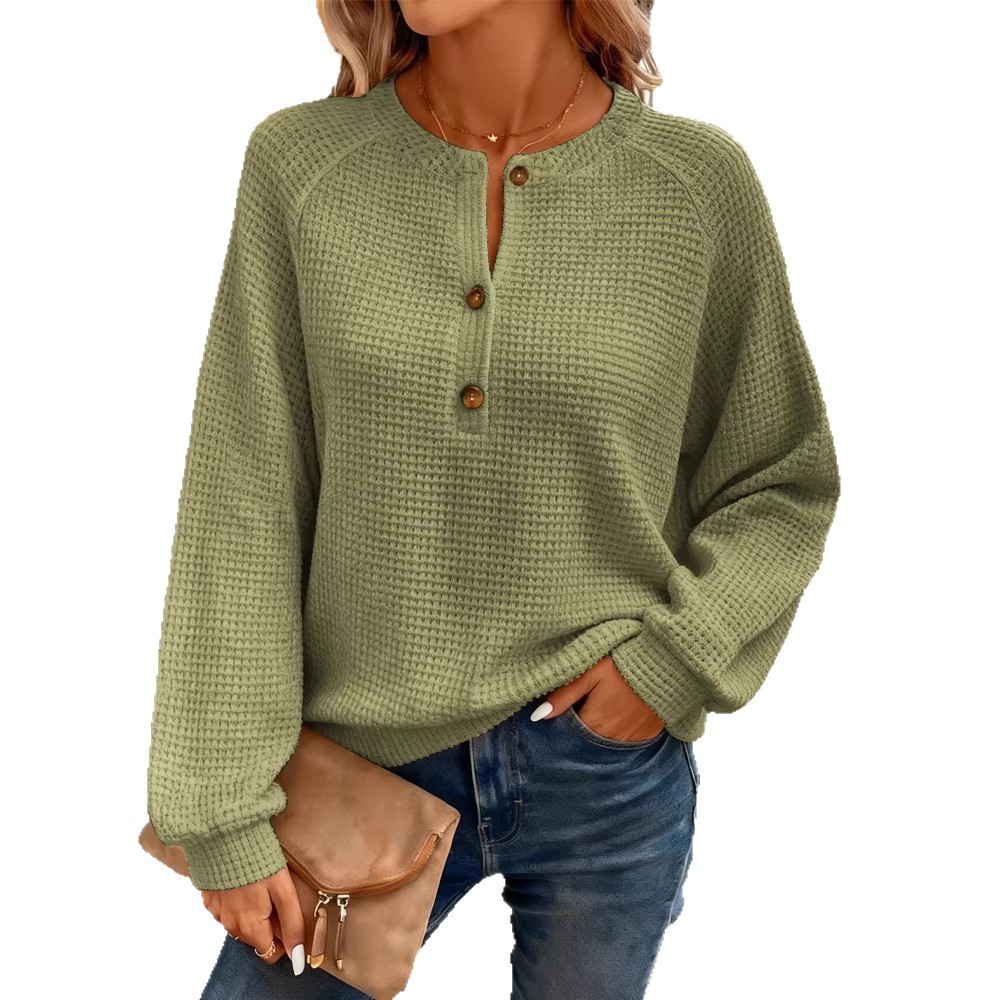 Women's Waffle Knit Long Sleeve Pullover Top Solid Color Crew Neck