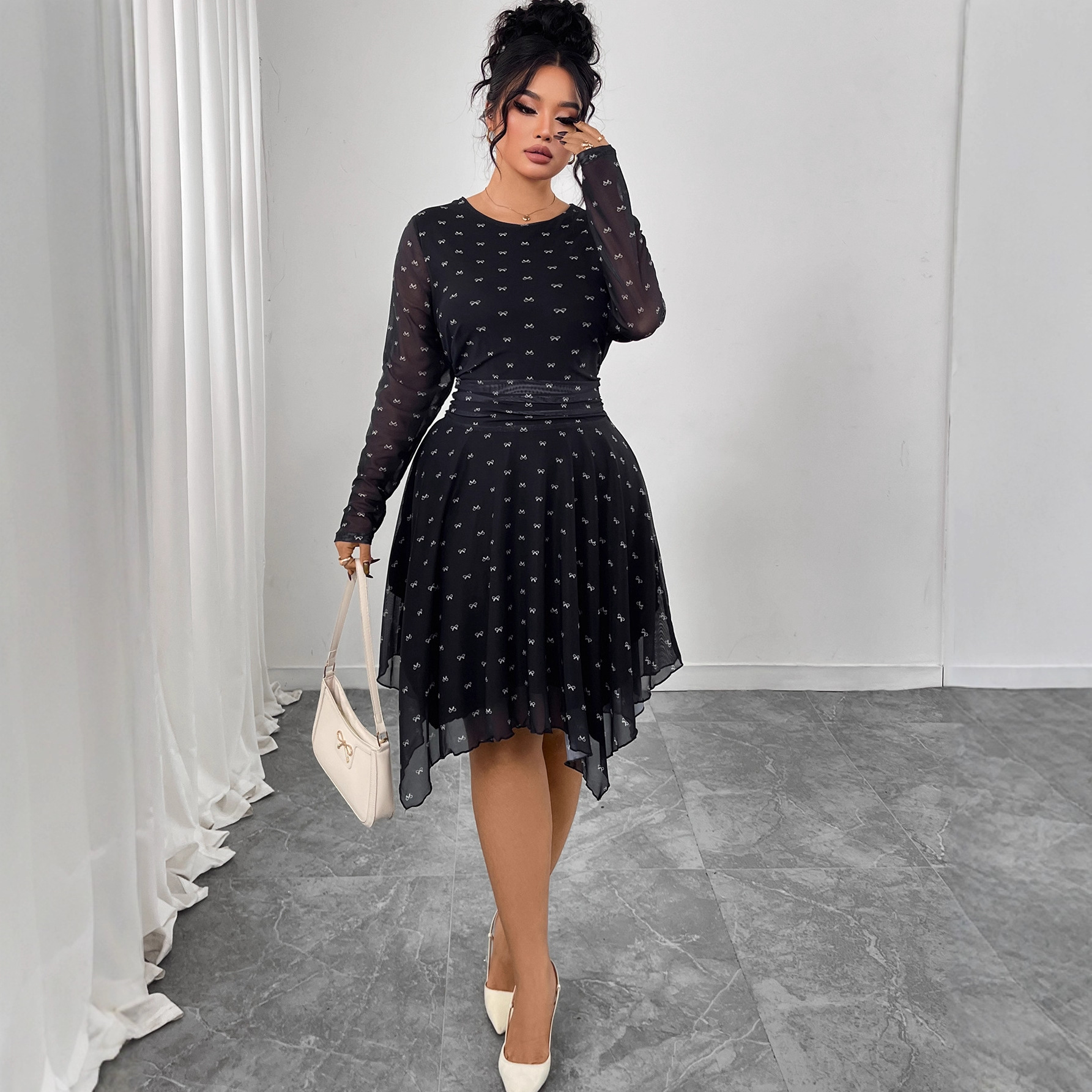 Bow Print A-Line Little Black Dress Hepburn Style Chiffon Midi