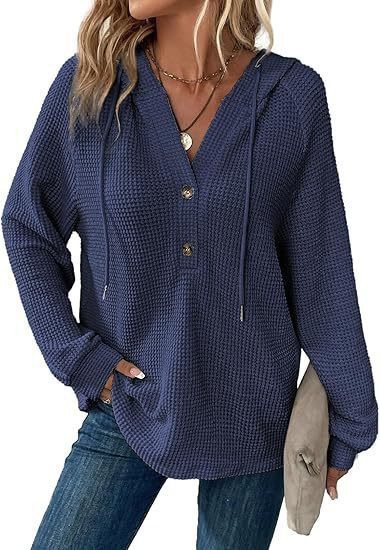 Women's Waffle Knit Drawstring Button V-Neck Hooded Sweatshirt