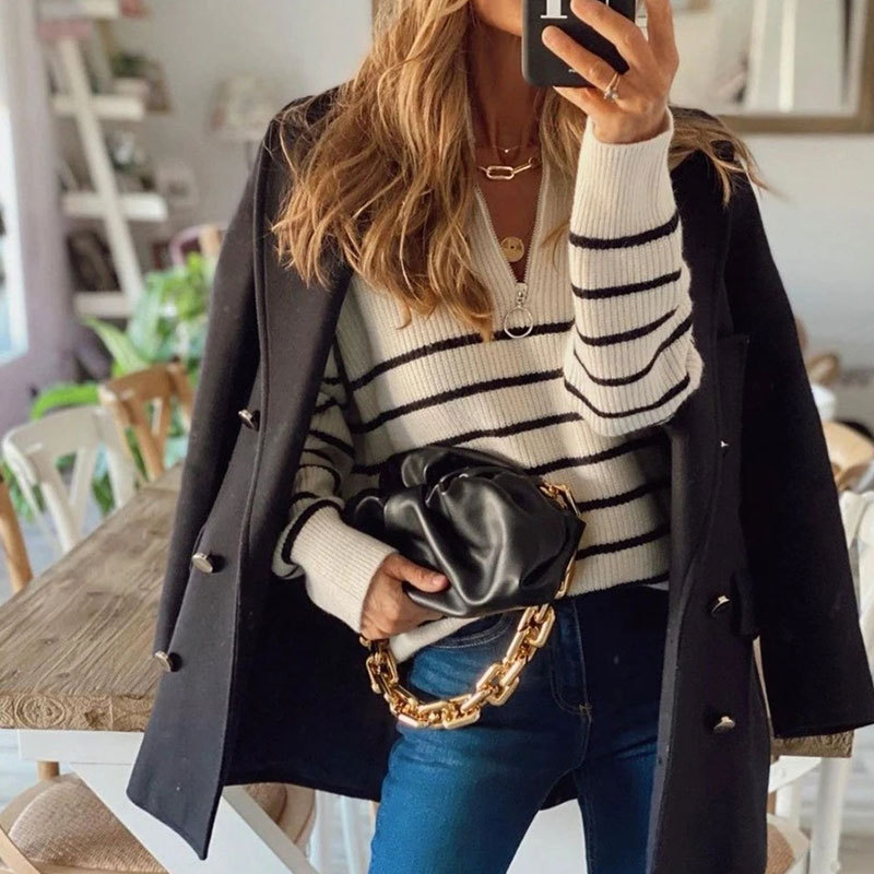 Women's Striped Turtleneck Sweater with Half-Zip Colorblock Long Sleeve Knit Top