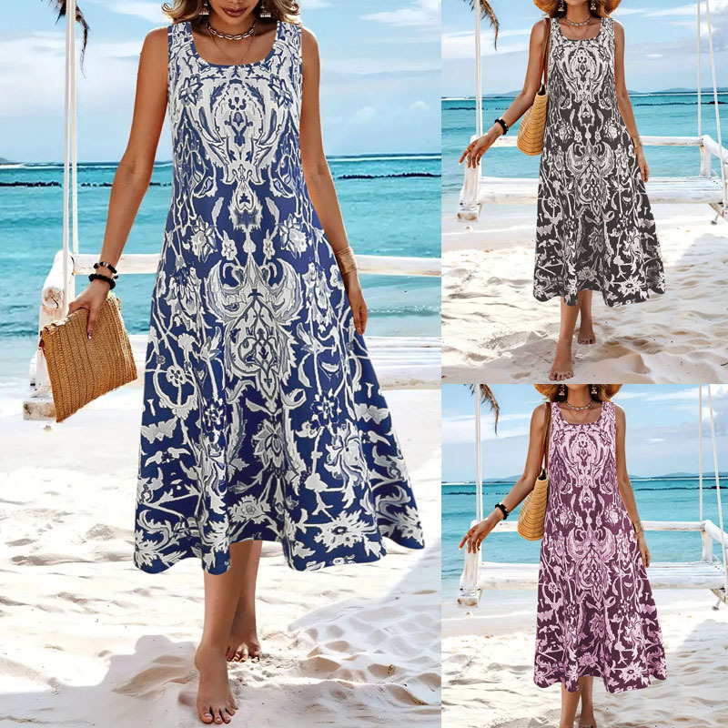 Bohemian Print Sleeveless A-Line Maxi Dress