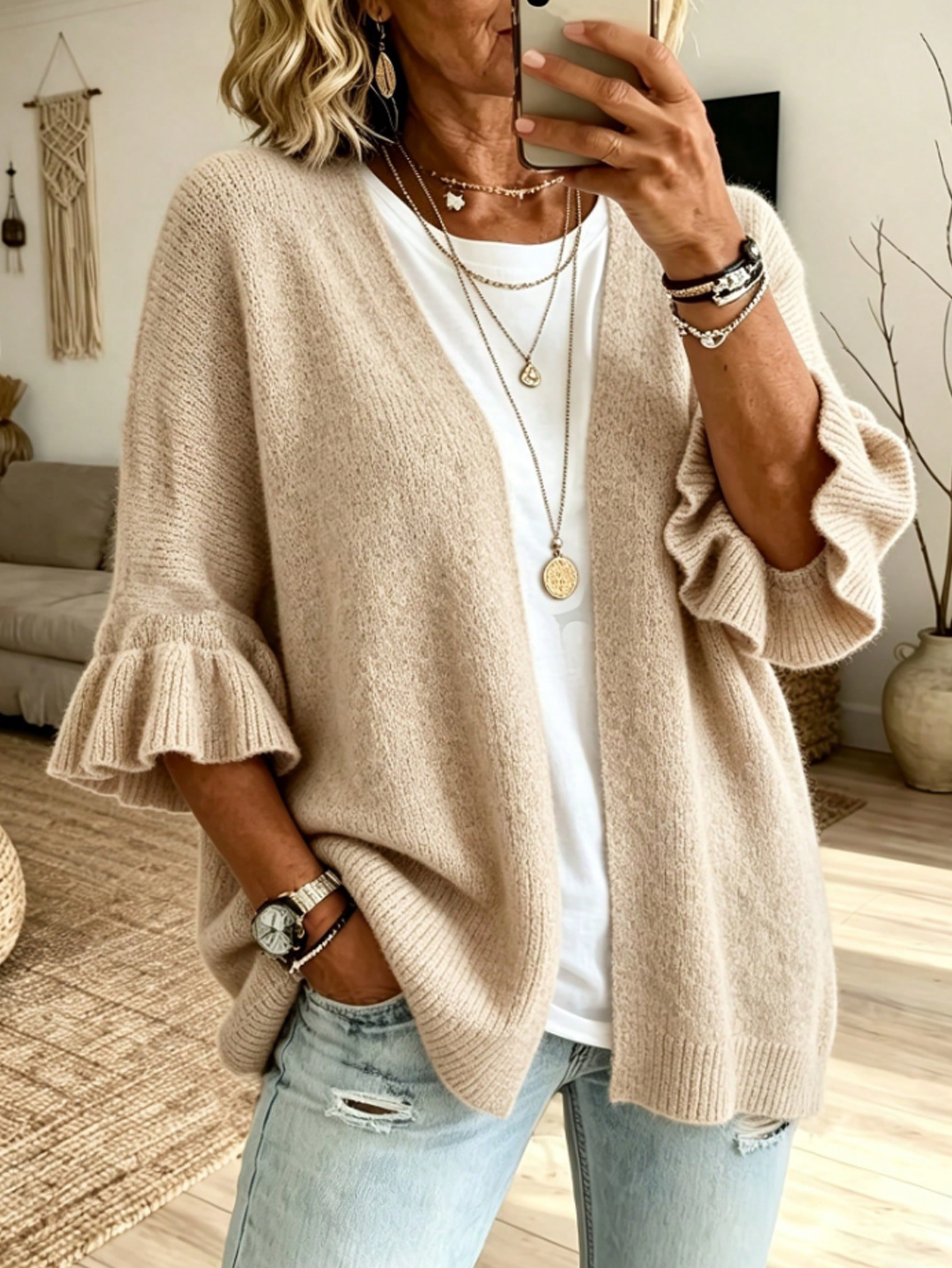 Plus Size Solid Color 3/4 Sleeve Knit Cardigan Sweater Women's Loose Casual