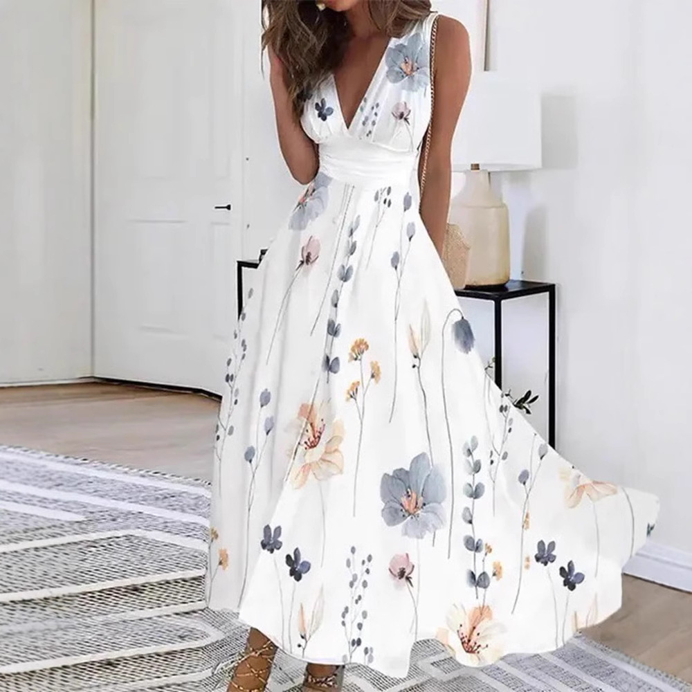 V-Neck High-Waist Sleeveless Floral Print Maxi Dress