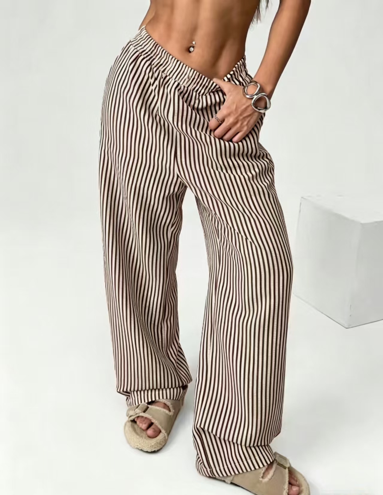 Striped Relaxed Elastic Waist Straight-Leg Pants with Pockets