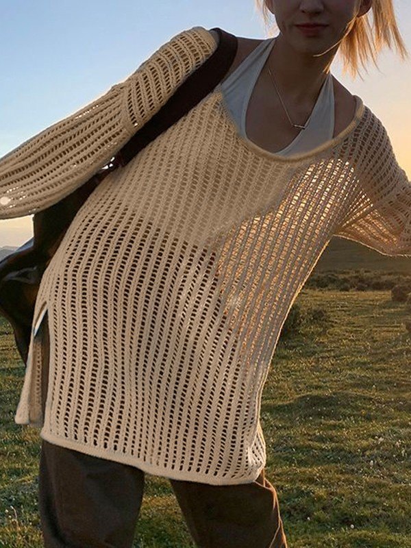 Women's Loose Hollow-Out Split Knit Top Round Neck