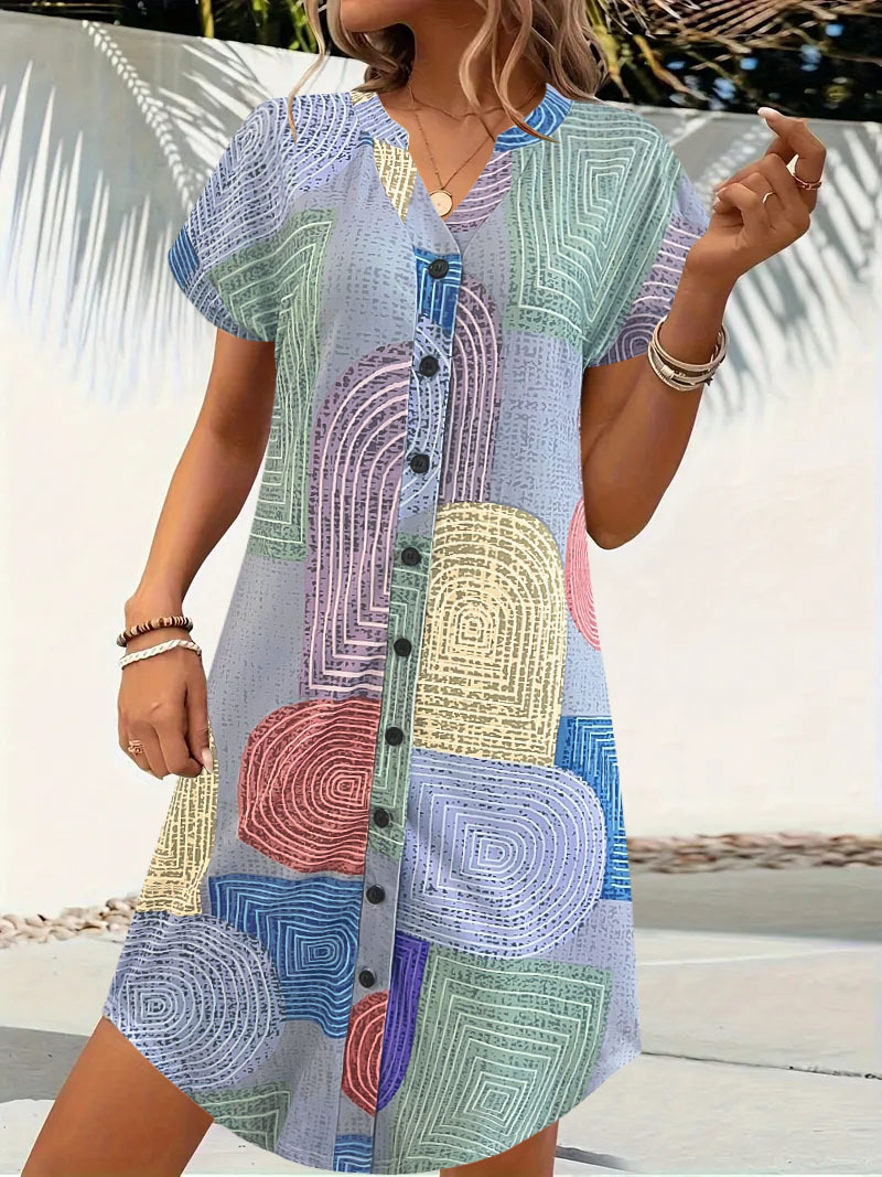 Geometric Print V-Neck Button Short Sleeve Loose Casual Dress