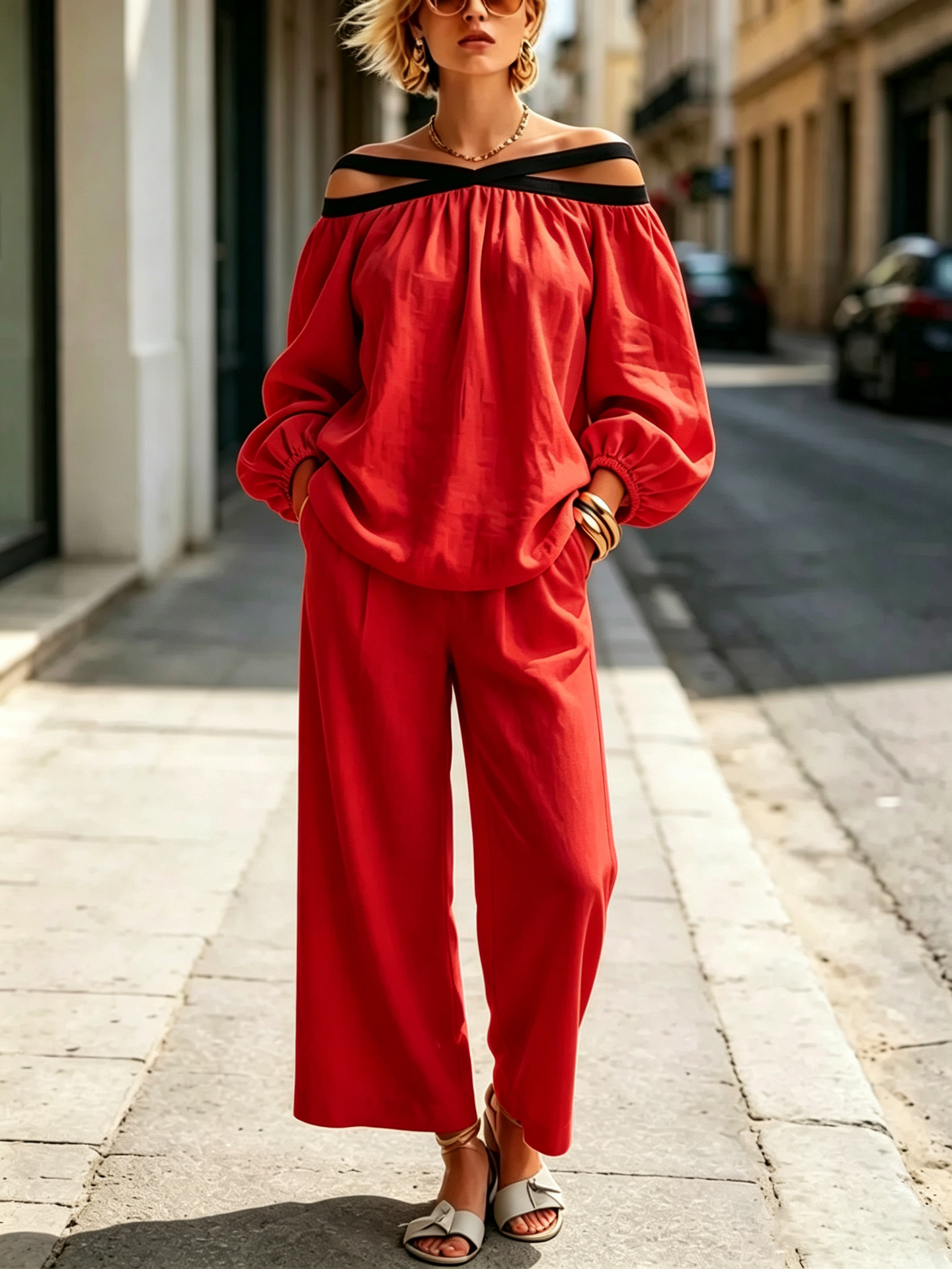 Women's Cross Off-Shoulder Puff Sleeve Top & Wide-Leg Pants Two-Piece Set