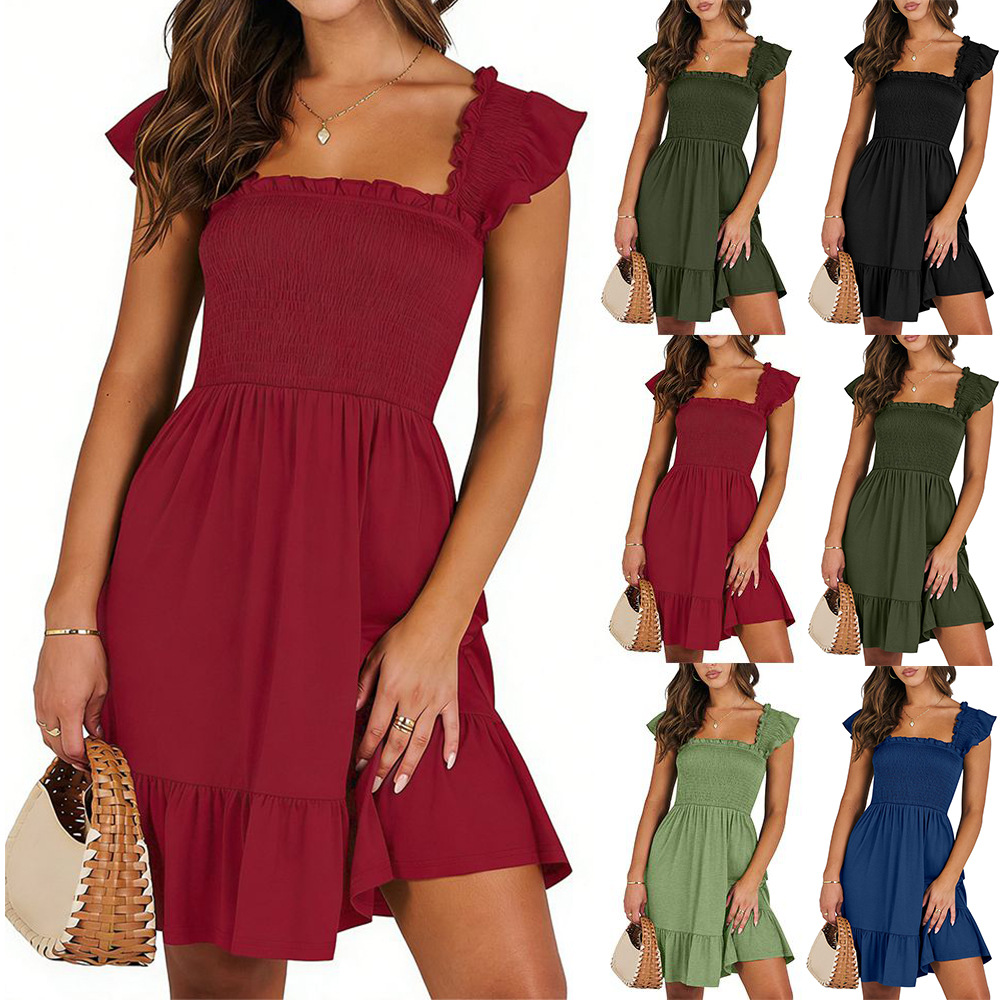 Square Neck Plaid Smocked Midi Dress with Flutter Sleeves