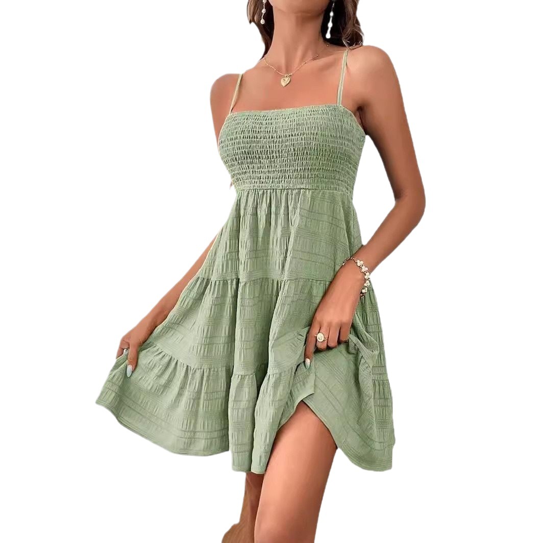 Women's Off-Shoulder Spaghetti Strap Textured Dress Solid Color