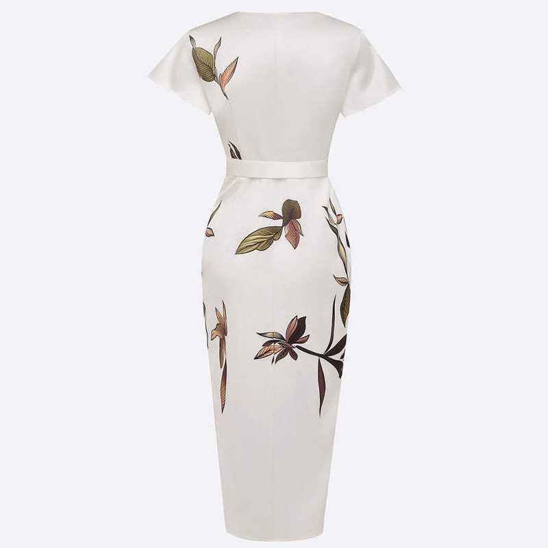 Satin Belted V-Neck Print Long Dress
