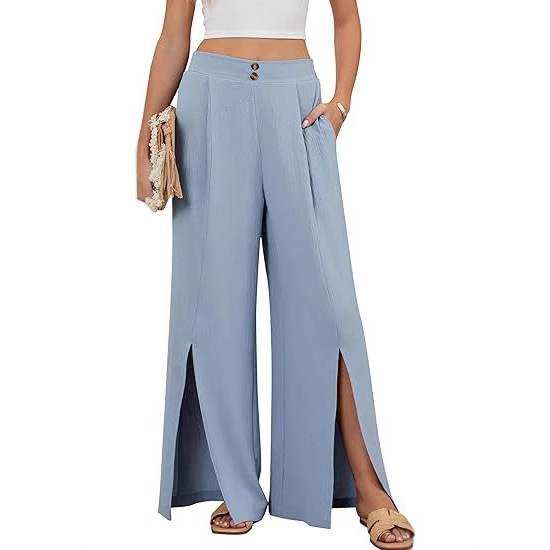 Women's High-Waist Wide-Leg Solid Casual Pants with Elastic Waist