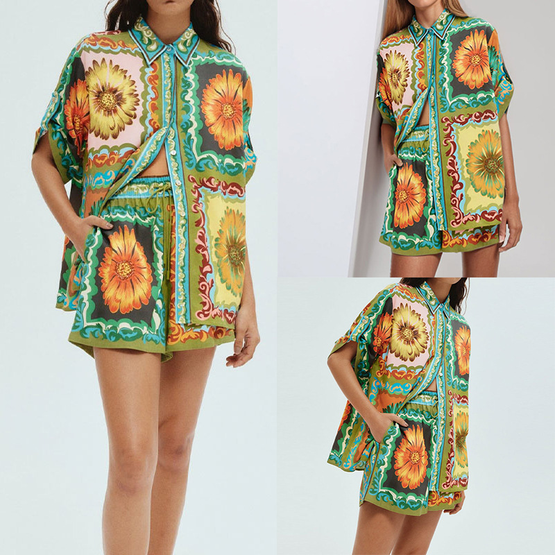 Women's Printed Short Sleeve Shirt and Shorts Two-Piece Set