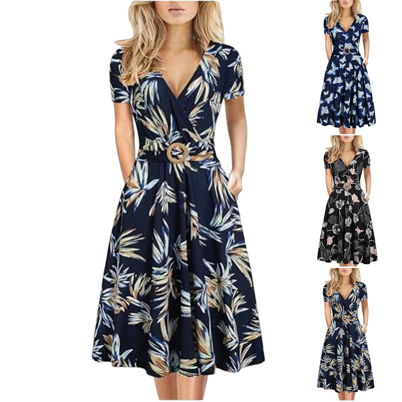 Women's Midi Printed Swing Dress Short Sleeve Pullover