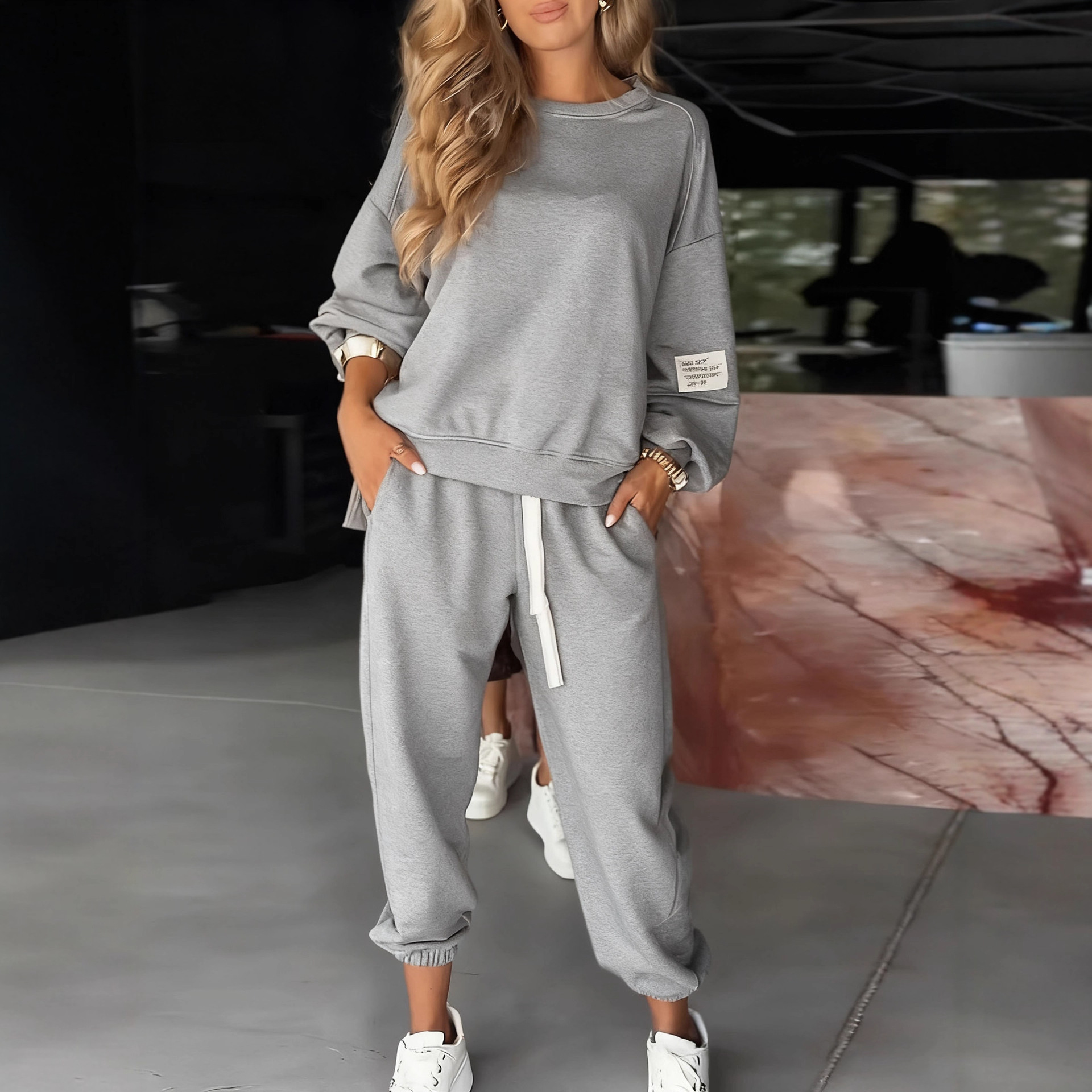 Women's Knit Two-Piece Set Long Sleeve Top & Wide-Leg Pocket Pants