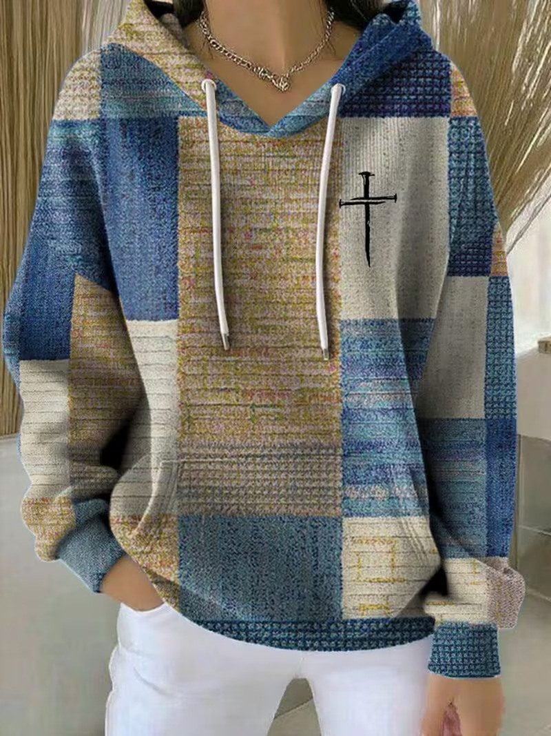 Women's Cross Colorblock Print Casual Hoodie