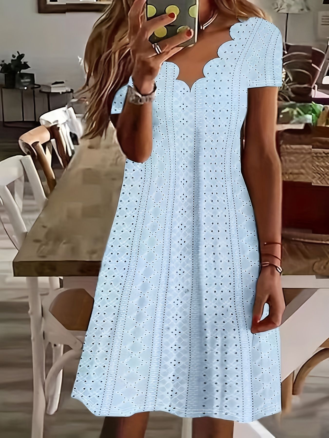 Women's Casual Loose Round Neck Hollow-Out Jacquard Short Sleeve A-Line Dress