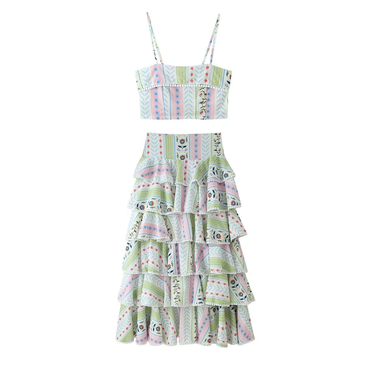 Women's Sleeveless Beaded Tiered Midi Skirt and Top Set