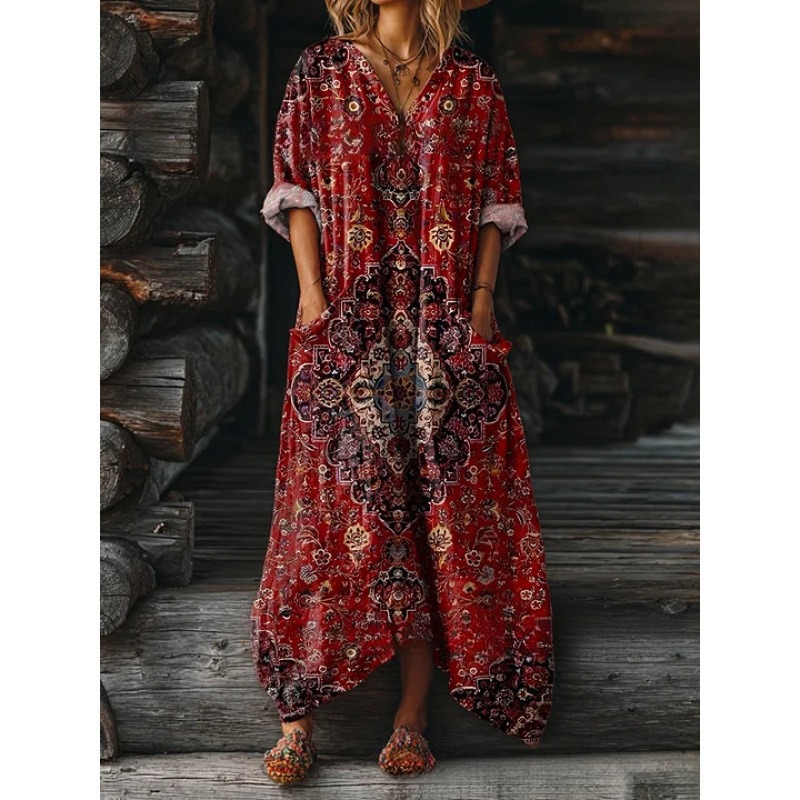 Women's Floral Ripple Print V-Neck A-Line Midi Dress Long Sleeve