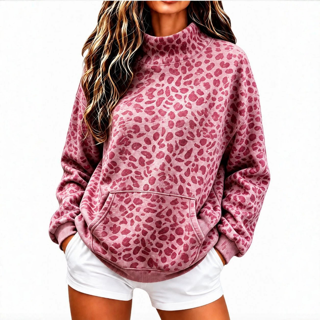 Women's Leopard Print Turtleneck Sweatshirt Loose Fit Long Sleeve