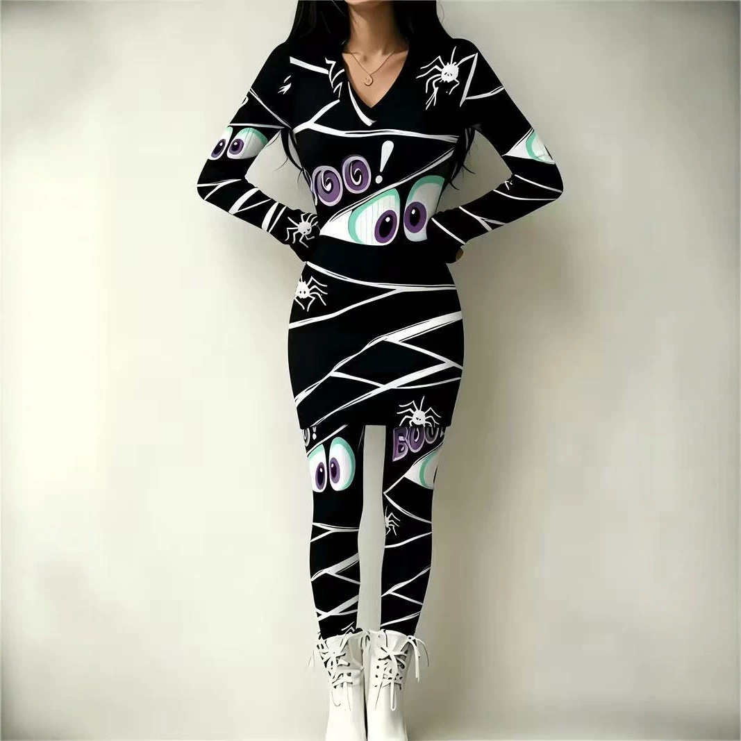 Anime Eye Print Long Sleeve Bodycon Top and Skirt Set