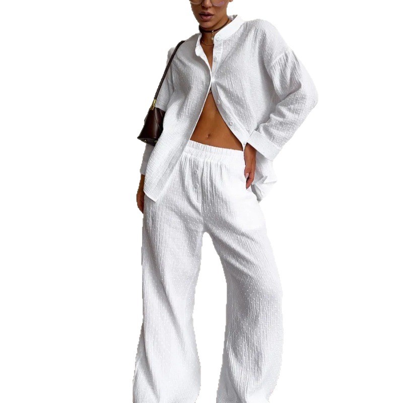 Women's Spring Summer Shirt and Pants Two-Piece Set Long Sleeve Collared Top with Elastic Waist Pants