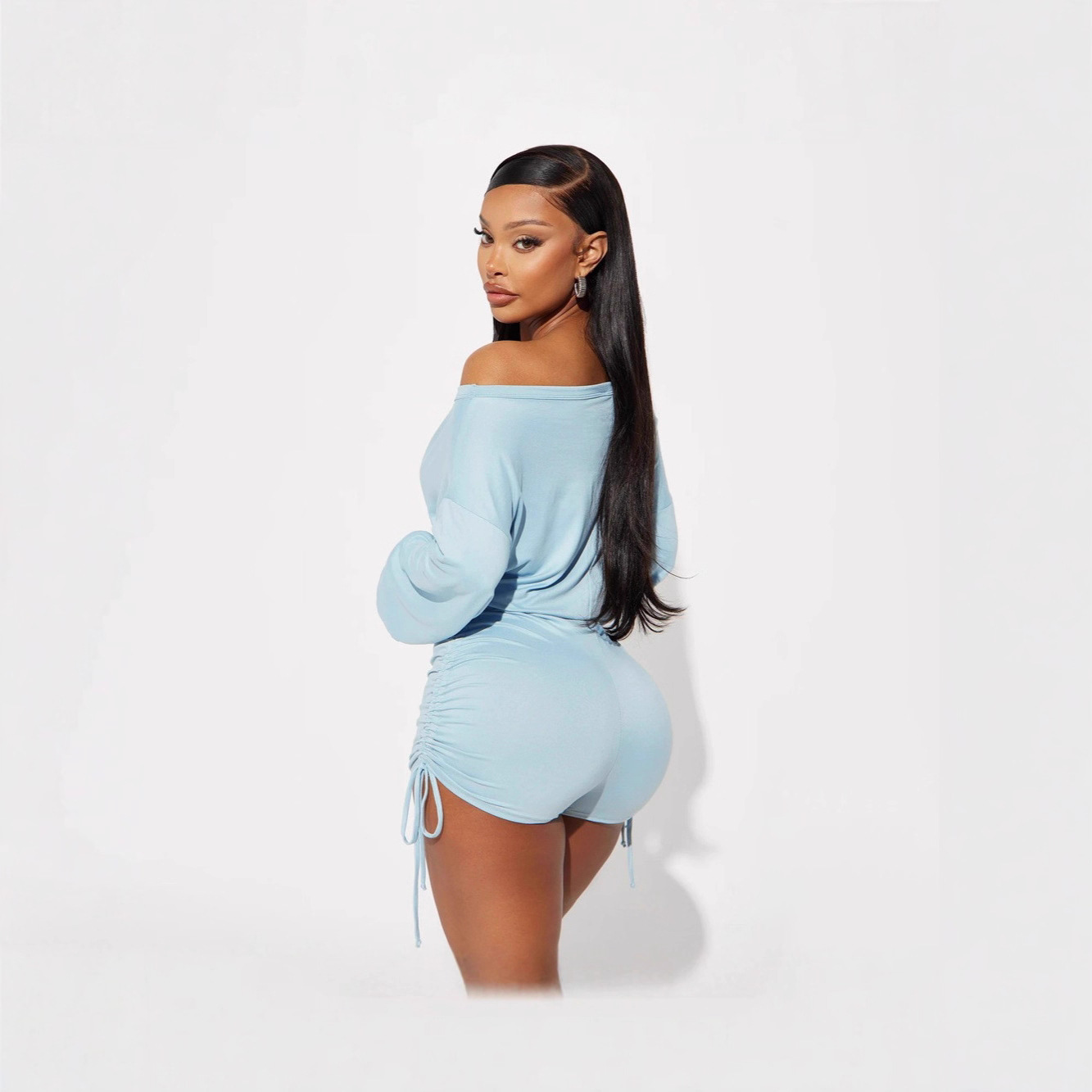 Women's Off-Shoulder Long Sleeve Ruched Drawstring Jumpsuit