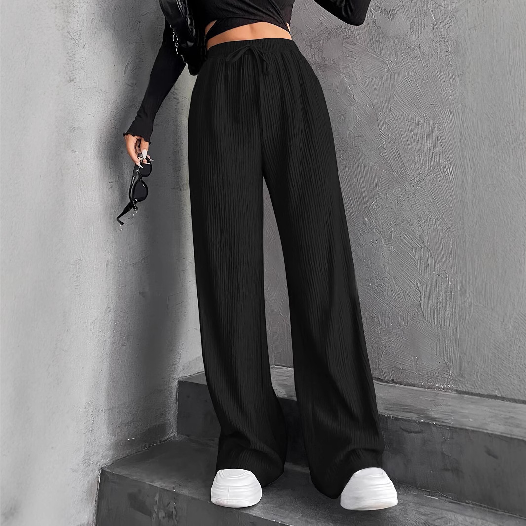 Women's Solid Wide-Leg Pants Elastic High Waist Drawstring Straight Casual