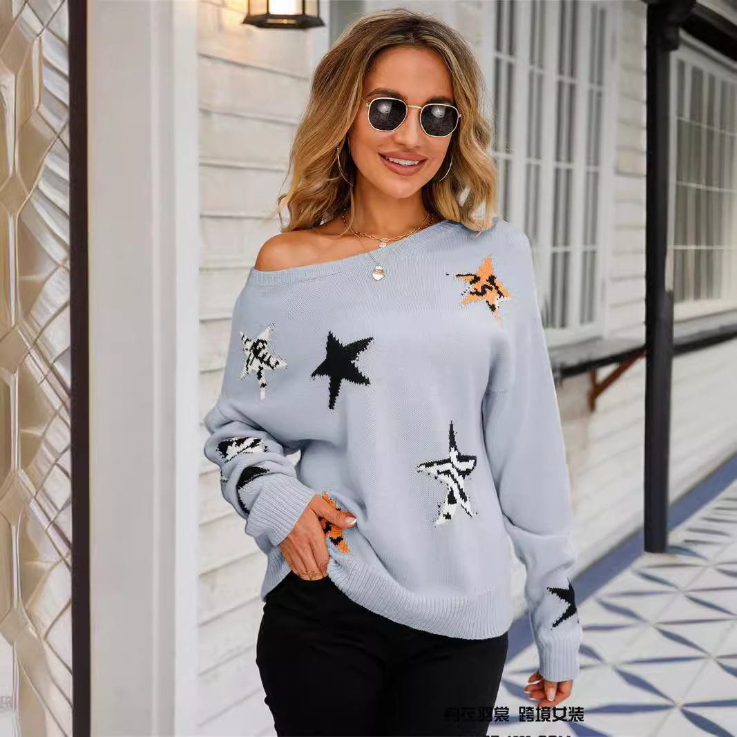 Women's Star Print Crewneck Long Sleeve Knit Sweater