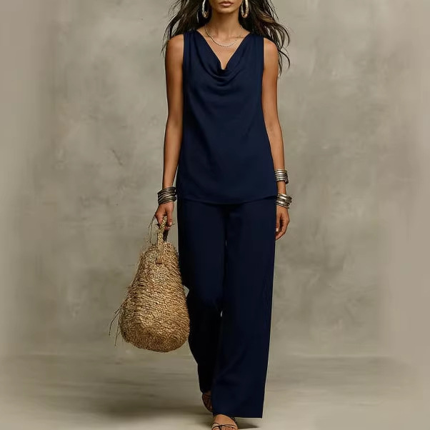 Solid Linen-Blend Sleeveless Tank Top and Wide-Leg Pants Set