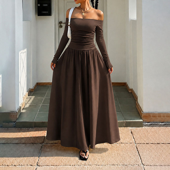 Women's Off-Shoulder Polka Dot Long Sleeve A-Line Dress