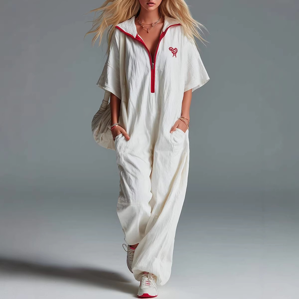 Casual Lapel Zip Red Trim Short Sleeve Beige Washed Cotton Jumpsuit