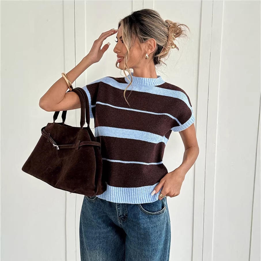 Striped Knit Sweater Vest Crew Neck Pullover