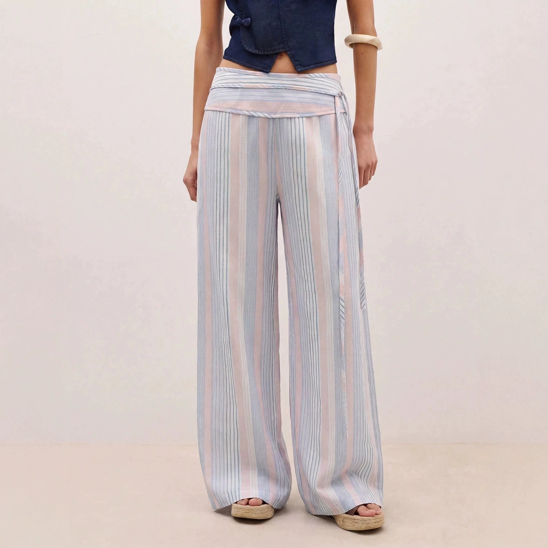 Striped High-Waist Tie-Front Wide-Leg Pants