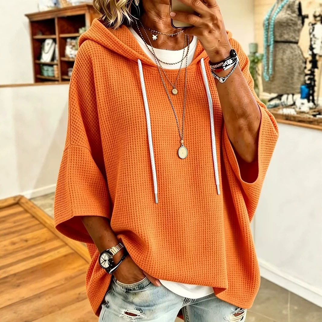 Women's Waffle Knit Hooded Drawstring Sweatshirt Casual Loose Fit