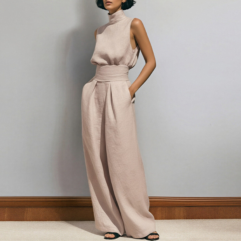 Women's Sleeveless High Neck Top and Straight Leg Pants Casual Set