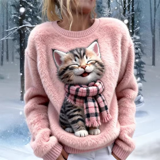 Women's Cute Cat Print Crewneck Sweatshirt
