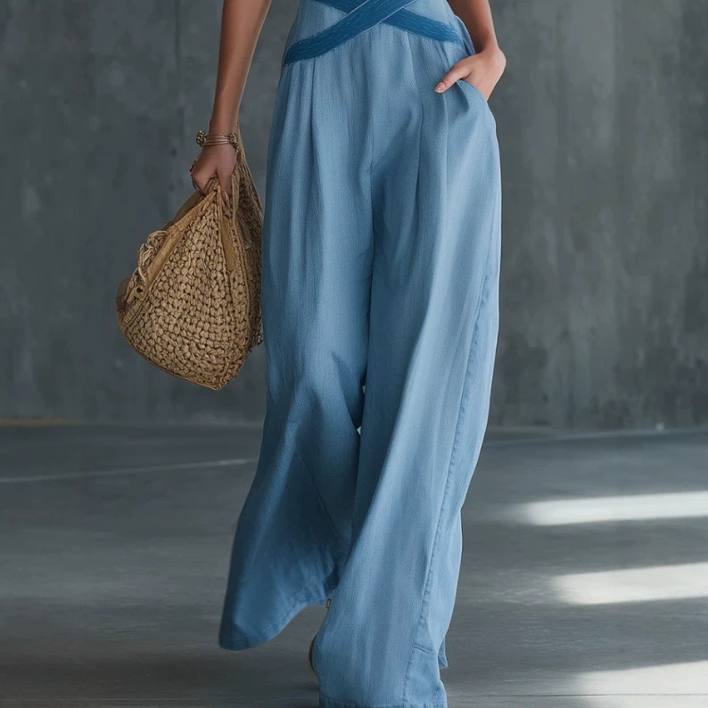 Retro Piped Deep V Denim Jumpsuit