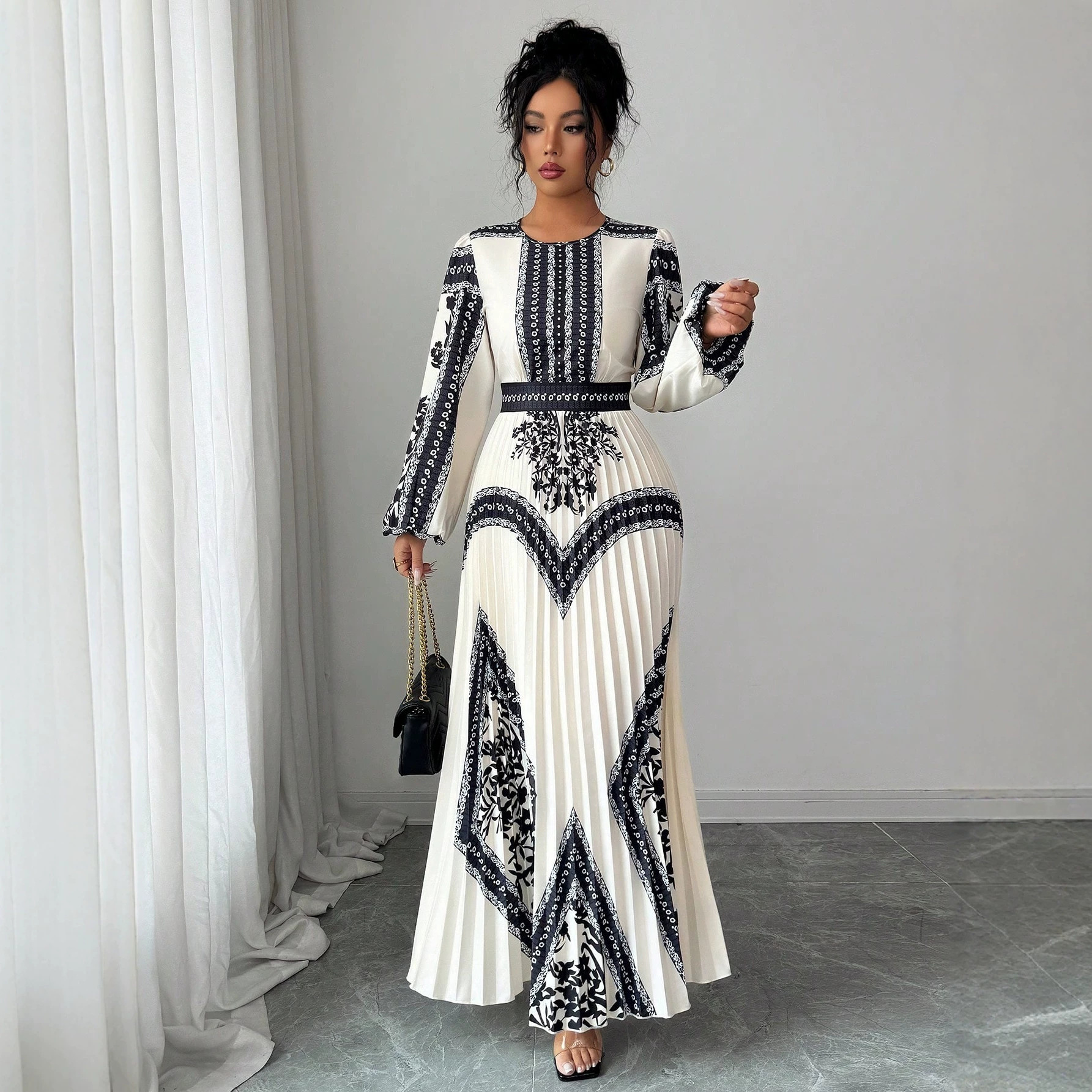 Black and White Print Pleated Dress with Cinched Waist and Bell Sleeves