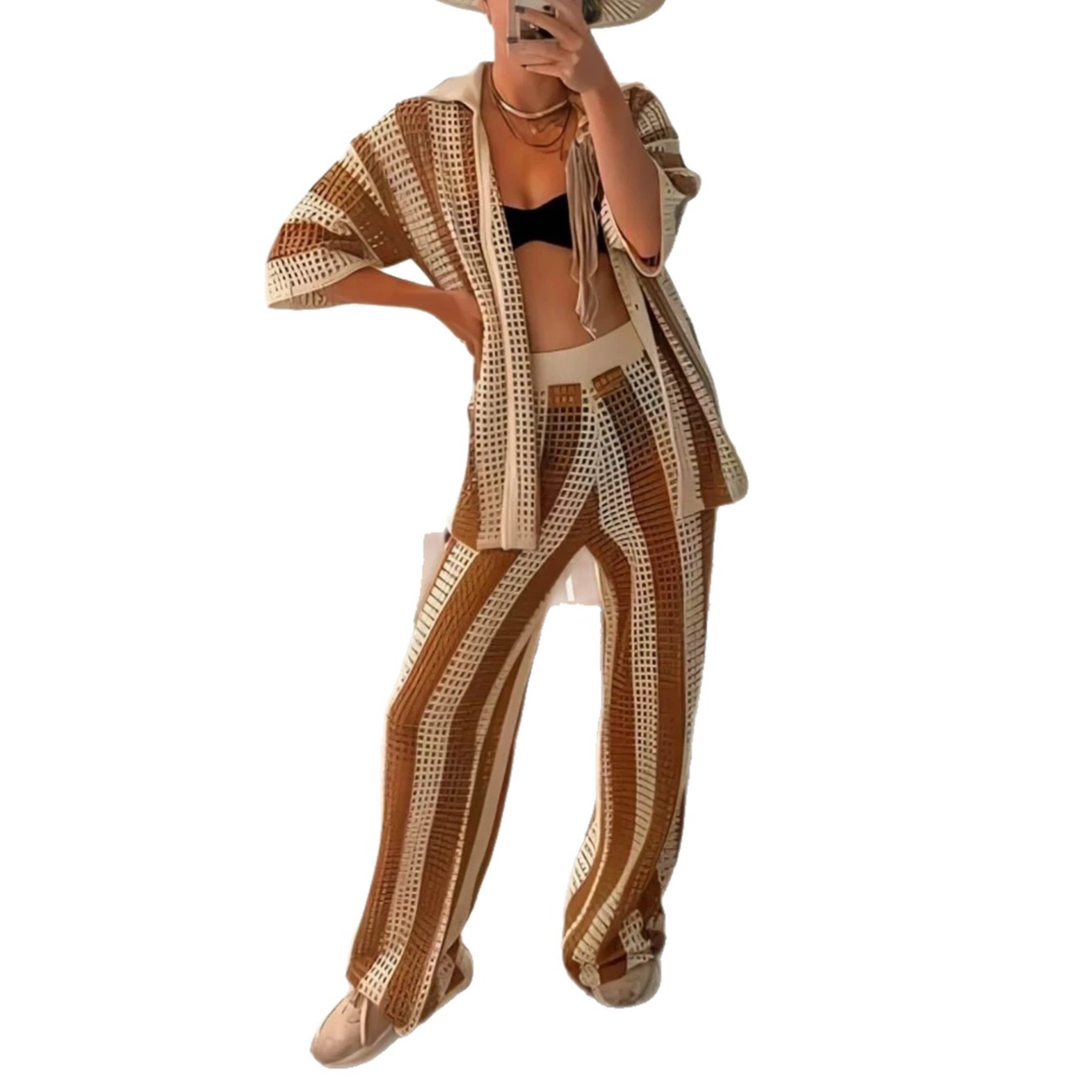 Women's Open-Knit Striped Cardigan and Pants Two-Piece Set