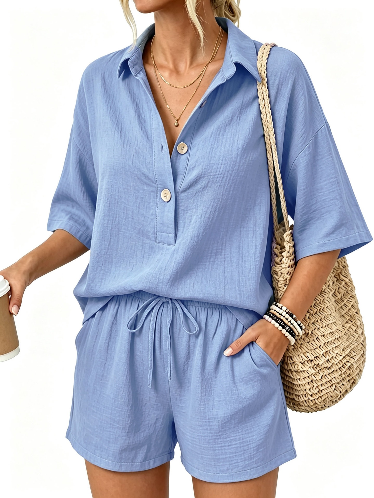 Solid Color Two-Piece Set Lightweight Short Sleeve Top with Pockets and High Waist Shorts