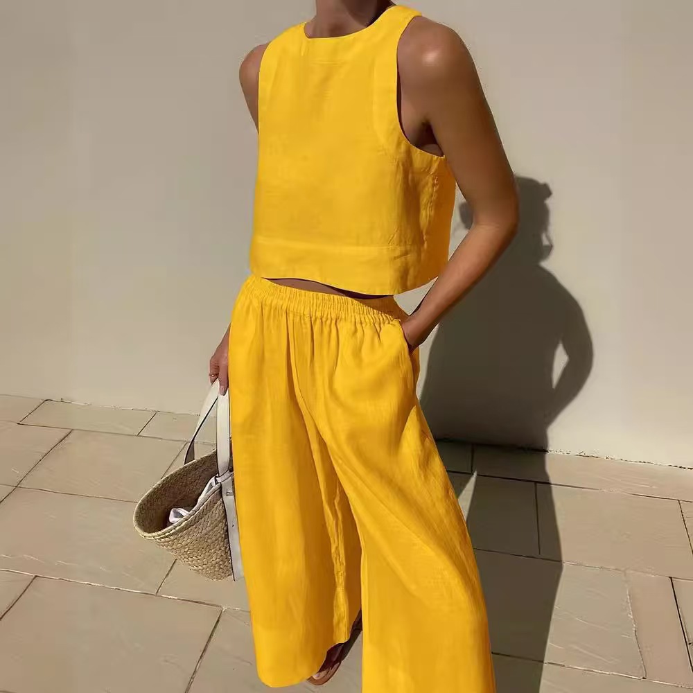 Women's Sleeveless Cotton-Linen Wide-Leg Pants and Tank Set