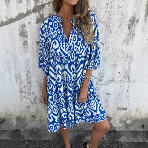 Women's V-Neck Floral Print Pleated Midi Dress with Four-Way Stretch