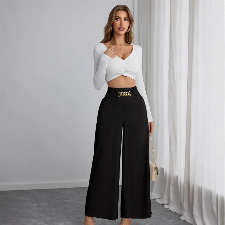 High-Waist Chain Smocked Wide-Leg Pants